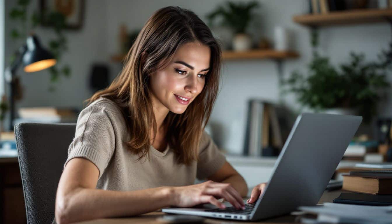 A woman is reading client testimonials in a cozy home office.