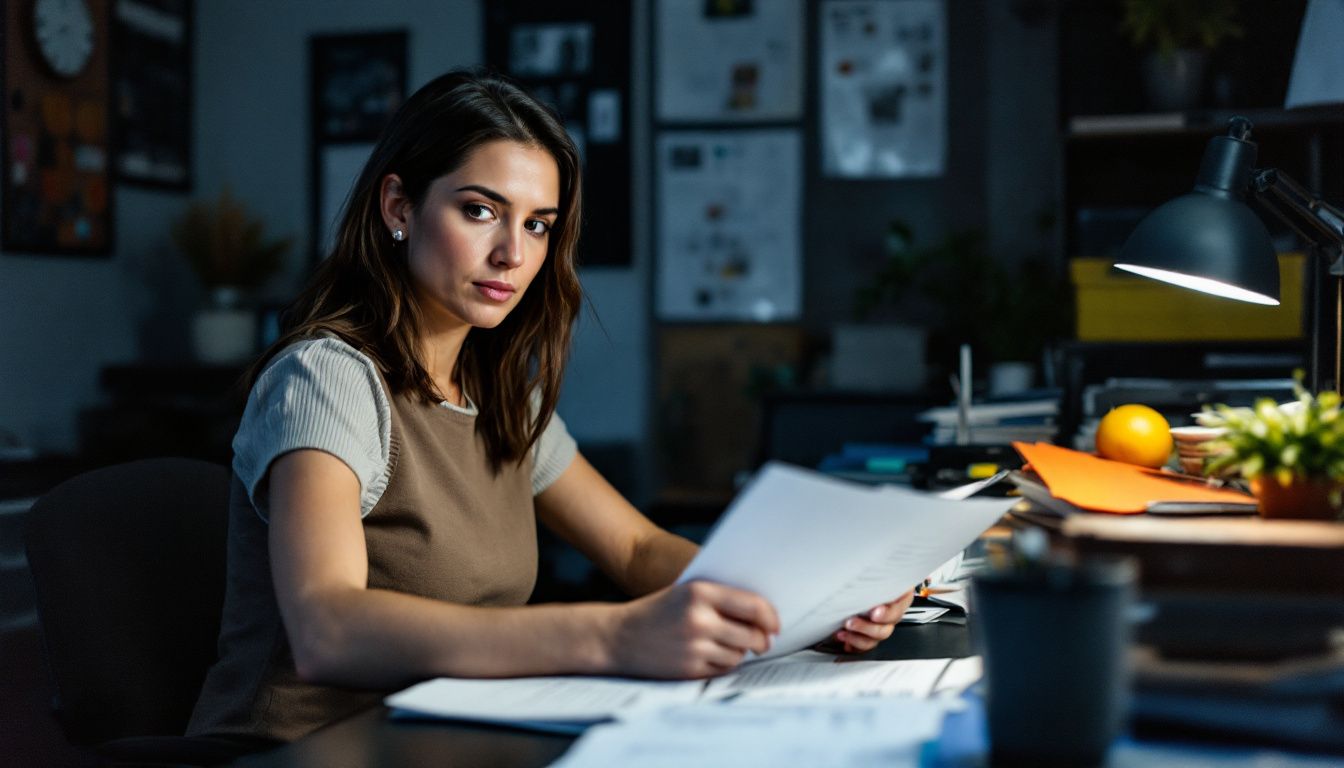 A woman in her 30s analyzes customer survey forms at her desk.