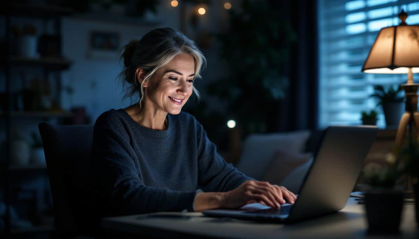 A woman reading online reviews on her laptop in a cozy home office.