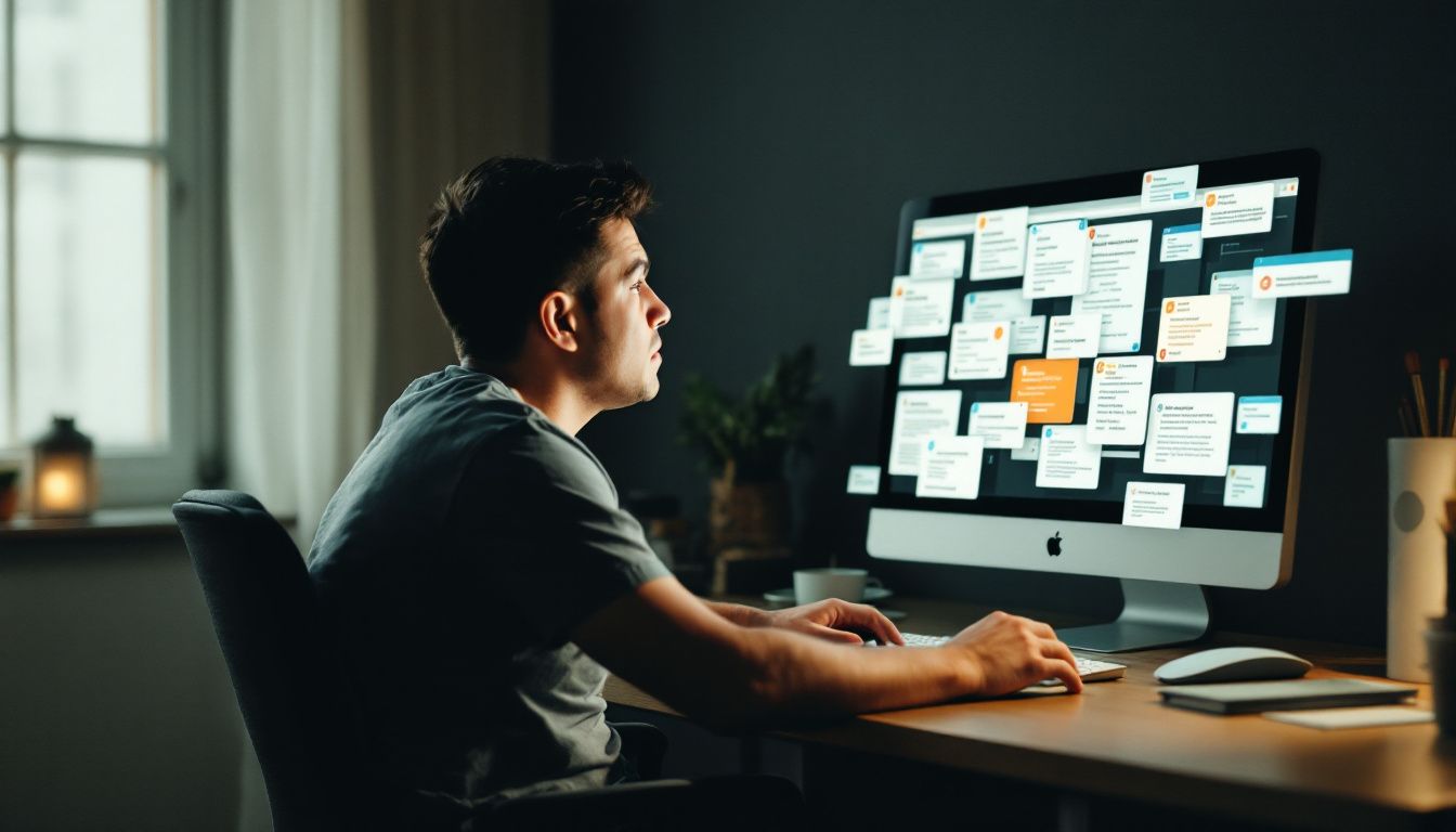 Frustrated person struggling with cluttered website and chaotic user experience.