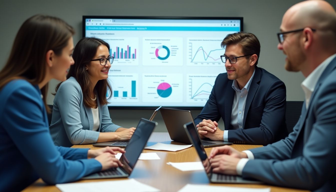 Professionals discussing NPS feedback reports for strategy development in office setting.