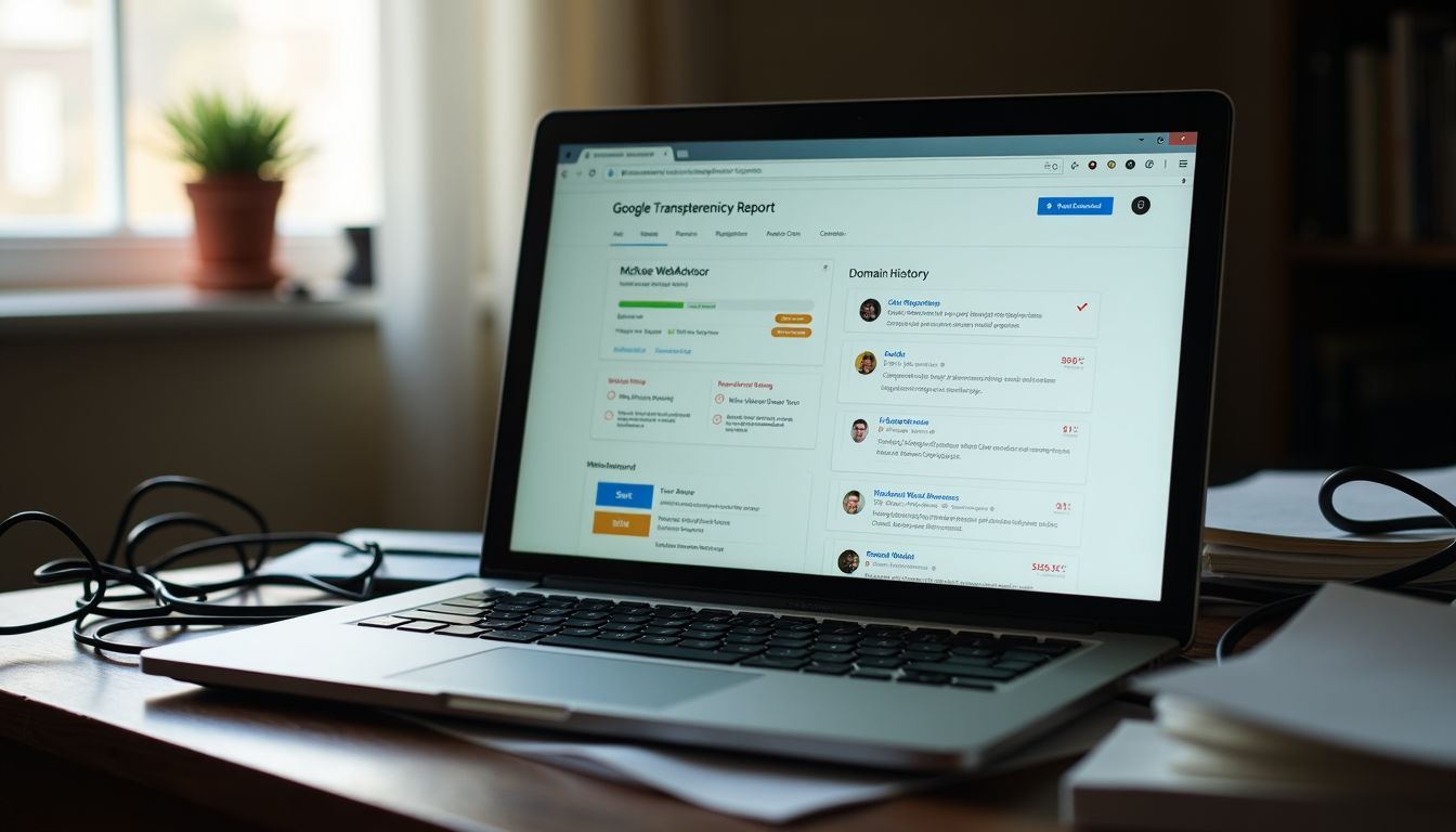 An old laptop on a cluttered desk showing Google Transparency Report.