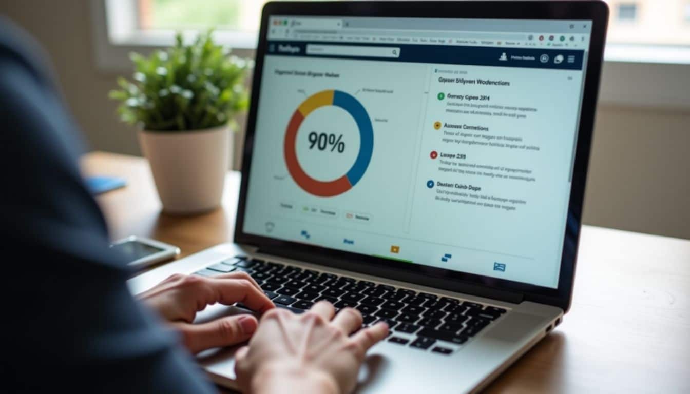 A laptop on a tidy desk displays webpage speed optimization software.