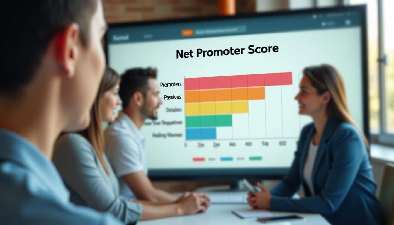 A colorful infographic in a modern office setting illustrates different Net Promoter Score categories.