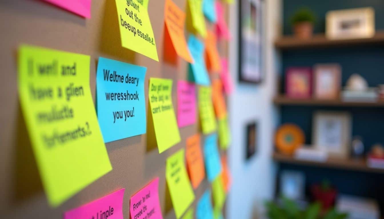 Bulletin board with positive client testimonials in cluttered office environment.