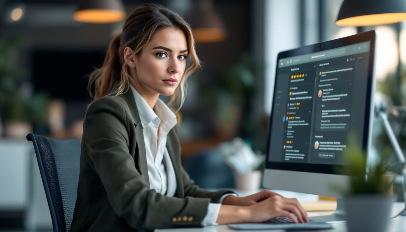 A woman in business attire at a desk, focused on customer reviews.
