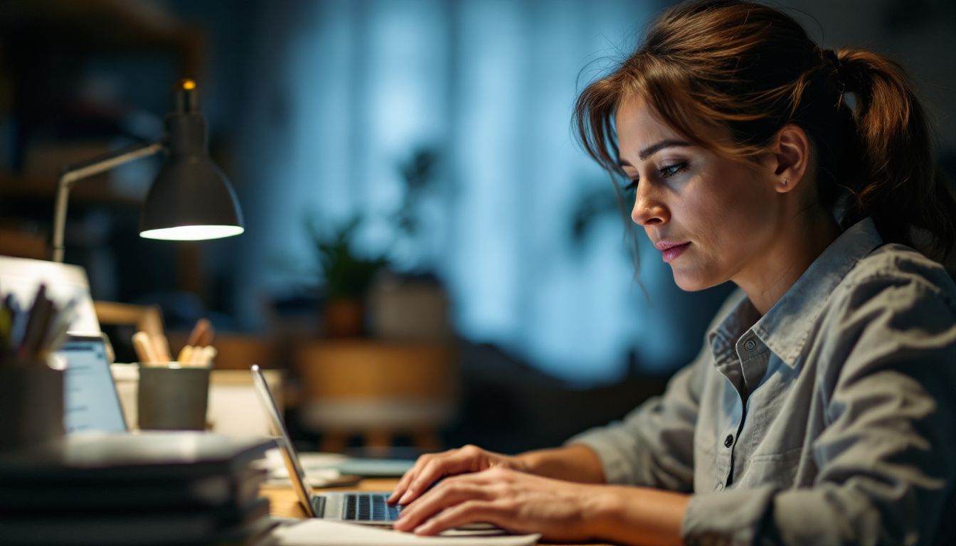 A woman writing a detailed Google review in her home office.